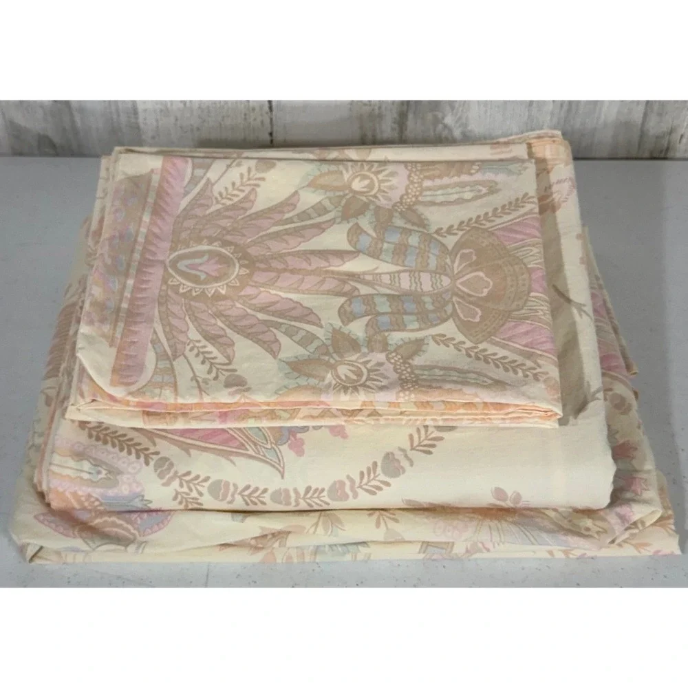 Atelier Martex Full Sheet Set Cream Pink Floral Paisley Cotton Vintage USA READ